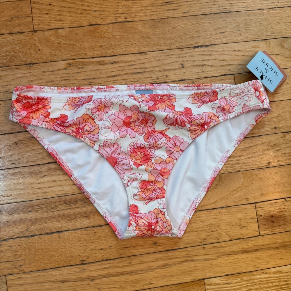 Shade & Shore Floral Low Rise Medium‎ Coverage Bikini Bottom Pink Orange L NEW